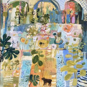 Elizabeth Endres; Fiddle Leaf Fig, Ferns and Fruit (SOLD); 2021; Oil on canvas; 16 x 16 inches