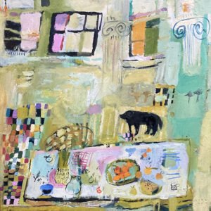 Elizabeth Endres; Pineapples, Oranges, Columns, and Dog (SOLD); 2021; Oil on canvas; 12 x 12 inches