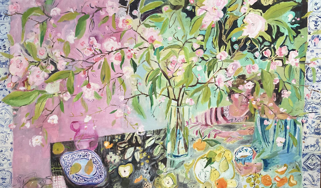 Elizabeth Endres, Pink People with Blue and White Tiles (SOLD), 2021, Oil on canvas, 30 x 50 inches