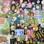 Elizabeth Endres, Sleeping Dog Under Pink Blooms (SOLD), 2021, Oil on canvas, 30 x 36 inches