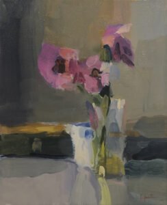 Christine Lafuente, Anemones and Violin Case (SOLD), 2019, Oil on linen, 14 x 11 inches