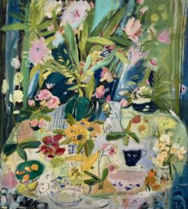 Elizabeth Endres; Aqua Colors, Fruit, and Flowers (SOLD); 2021; Oil on canvas; 40 x 36 inches