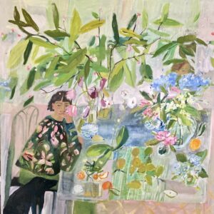 Elizabeth Endres; Green Leaves, Black Dog, Pears, and Two People (SOLD); 2021; Oil on canvas; 40 x 40 inches