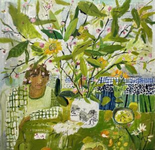 Elizabeth Endres, Green Table and Branches (SOLD), 2021, Oil on canvas, 24 x 24 inches