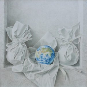 Greg Mort, The Future (triptych)(SOLD), 2021, Watercolor, 13 x 13 inches