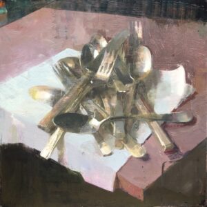 Jon Redmond, Pile of Silverware, 2021, Oil on board, 10 x 10 inches