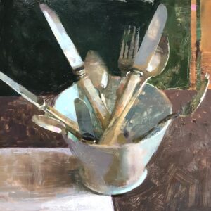 Jon Redmond, Silverware in a Mune Bowl (SOLD), 2020, Oil on board, 10 x 10 inches