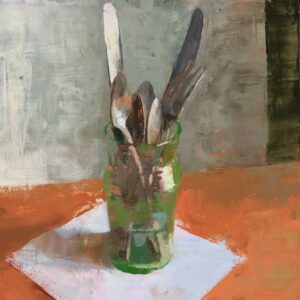 Jon Redmond, Silverware in a Green Glass, 2021, Oil on board, 10 x 10 inches