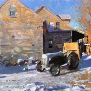 Jon Redmond, Unloading Firewood, 2021, Oil on board, 17 1/2 x 17 1/2 inches
