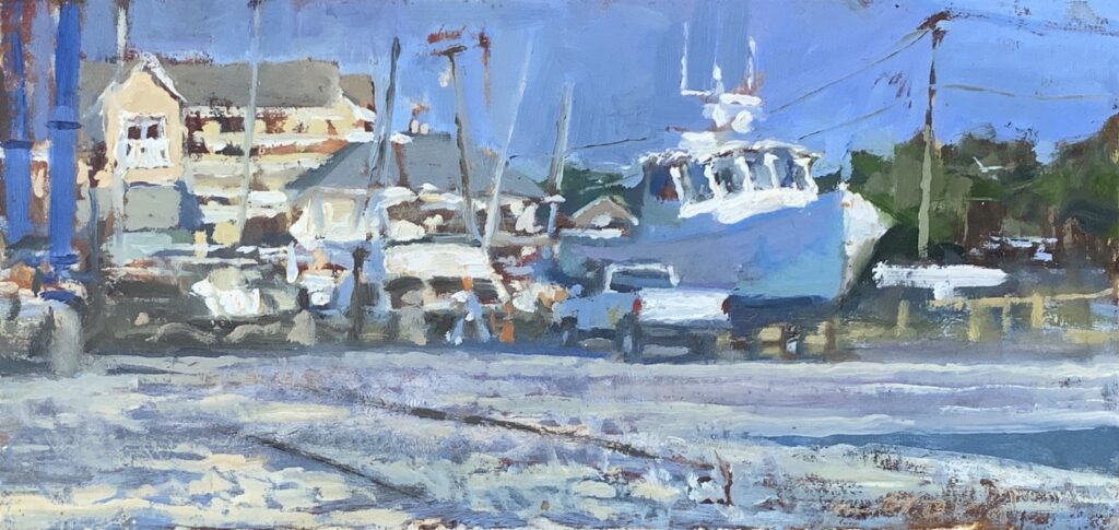 Michael Doyle, Marina Morning, 2021, Oil on panel, 5 1/4 x 10 3/4 inches