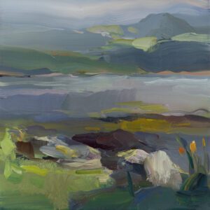 Christine Lafuente, Acadian Cove with Tiger Lilies, 2021, Oil on linen, 12 x 12 inches