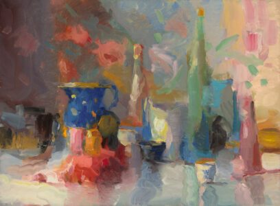 Christine Lafuente, Bottles, Grapes, and Wild Wallpaper, 2021, Oil on linen, 22 x 30 inches