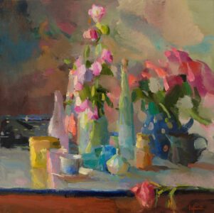 Christine Lafuente, Campanula and Peruvian Lilies, 2021, Oil on linen, 24 x 24 inches