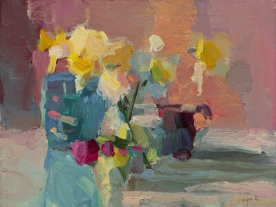 Christine Lafuente, Daffodils and Pansy Buds, 2021, Oil on mounted linen, 12 x 16 inches