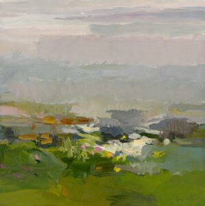 Christine Lafuente, Foggy Shoreline, 2021, Oil on linen, 14 x 14 inches