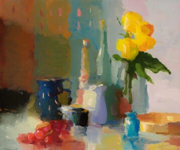 Christine Lafuente, Grapes, Yellow Roses, and Pitchers, 2021, Oil on linen, 20 x 24 inches