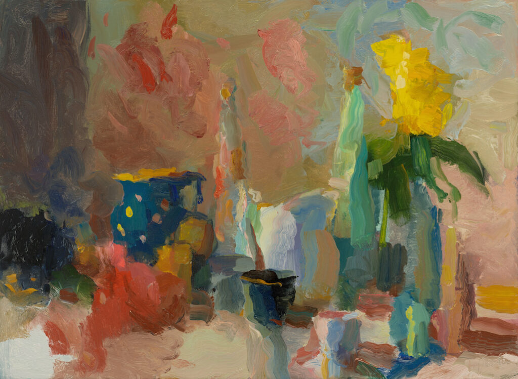 Christine Lafuente, Pitchers, Grapes, and Bottles, 2021, Oil on linen, 22 x 30 inches