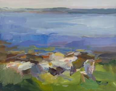 Christine Lafuente, Rocky Seaside with Chair, 2021, Oil on linen, 11 x 14 inches