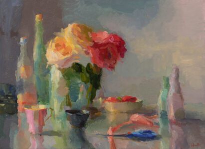 Christine Lafuente, Roses, Scissors, and Ribbon, 2021, Oil on linen, 22 x 30 inches