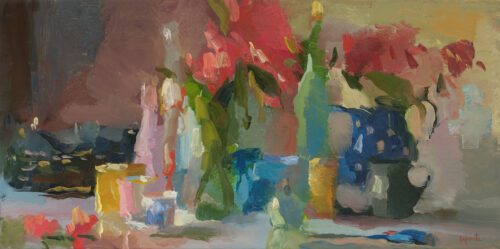 Christine Lafuente, Typewriter and Red Peruvian Lilies, 2021, Oil on linen, 12 x 24 inches