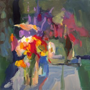 Christine Lafuente, Wildflowers with Spruce, 2021, Oil on linen, 14 x 14 inches