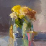 Christine Lafuente, Yellow Roses and Teacups, 2021, Oil on linen, 16 x 16 inches