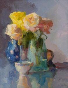 Christine Lafuente, Yellow and Blush Roses with Teacup, 2021, OIl on linen, 18 x 14 inches