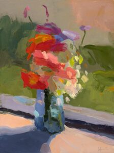 Christine Lafuente, Zinnias and White Hydrangea in Full Sun, 2021, Oil on linen, 16 x 12 inches