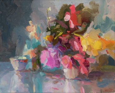 Christine Lafuente, Camellias, Cherry Blossoms, and Daffodils, 2021, Oil on linen, 16 x 20 inches