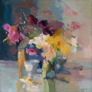 Christine Lafuente, Cherry Blossoms and Daffodils, 2021, Oil on linen, 24 x 24 inches