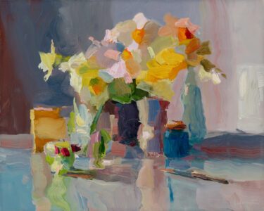 Christine Lafuente, Daffodils, Blue Bottles, and Knife, 2021, Oil on linen, 16 x 20 inches