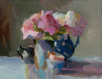 Christine Lafuente, Peonies with Pitchers and Stacked Teacups, 2021, Oil on linen, 14 x 18 inches