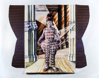 Holly Trostle Brigham, Flora as Isabella Andreini as Harlequin, 2020, Mixed Media, 82 x 60 inches