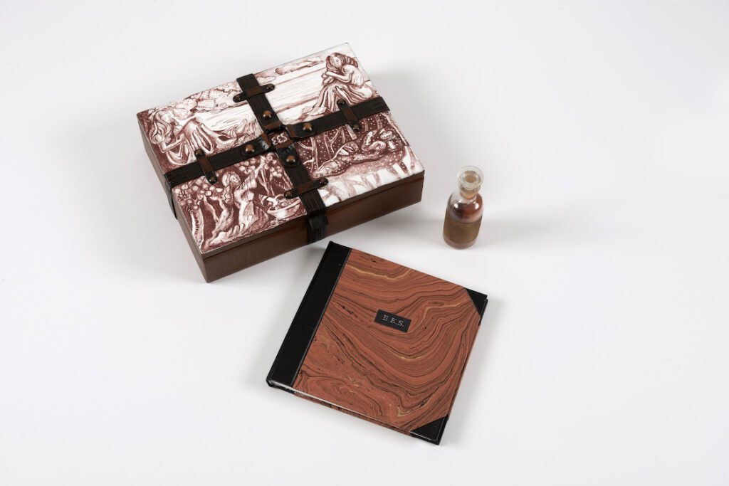 Holly Trostle Brigham, I Wake Again, 2021, artist book, lithography, silkscreen, hair, leather, velvet, glass, wooden box, edition of 10