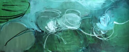 Sandrine Kern, Water Lilies Medley, 2021, Oil and cold wax on canvas, 30 x 70 inches