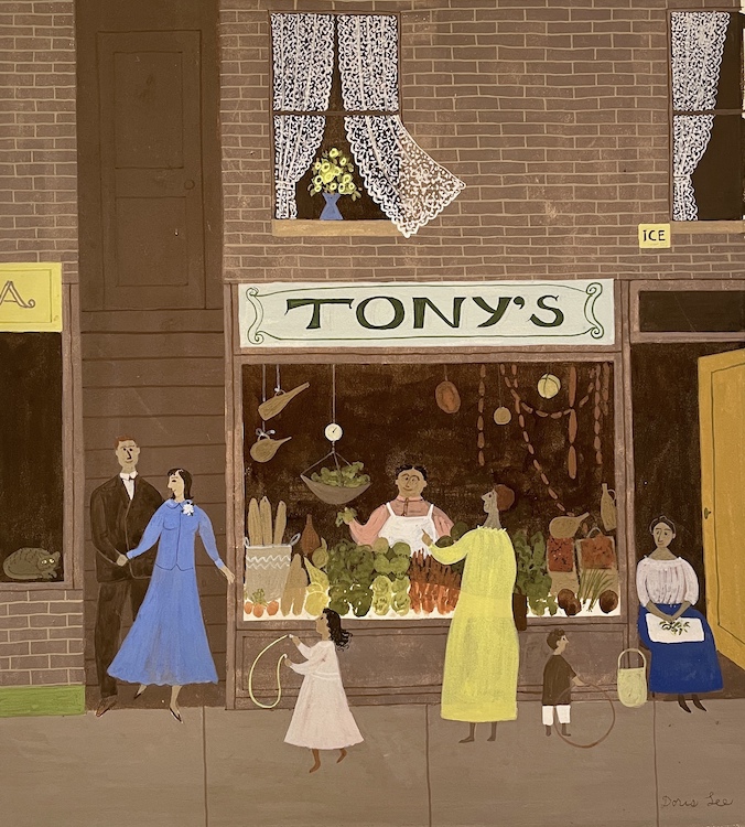 Doris Lee (1905-1983), Untitled (Corner Store), c. 1945-1950, Gouache on illustration board, 12 ½ x 11 ½ inches
