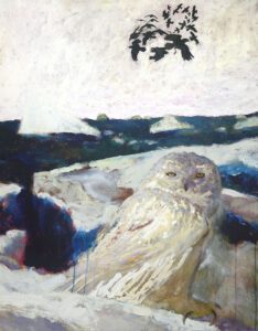 Jamie Wyeth, Snow Owl - Fourteenth in a Suite of Untoward Occurrences on Monhegan Island, 2020, Acrylic, oil, and watercolor on canvas, 46 x 36 inches
