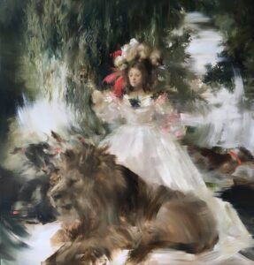 Sarah McRae Morton, Marguerite's Zoo: Floor and Fawn, Thorn and Mane, 2022, Oil on linen, 30 x 30 inches