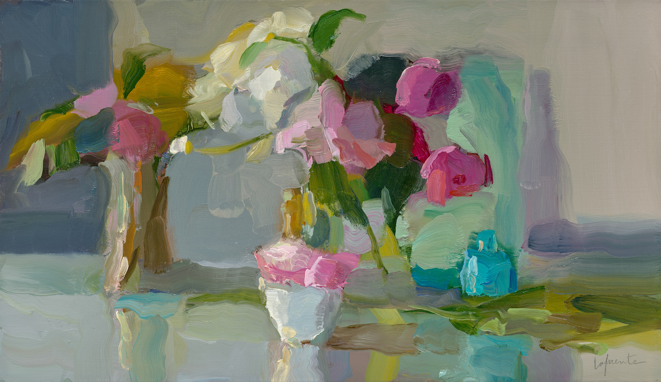 Christine Lafuente, Cherry Blossom, Peonies, and Ranunculus, 2022, Oil on linen, 14 x 24 inches