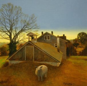 Peter Sculthorpe, Morning Visit, 2022, Oil on panel, 8 x 8 inches