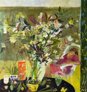 Elizabeth Endres, Vases and Gathered Nature (SOLD), 2023, Oil on canvas, 34 x 32 inches