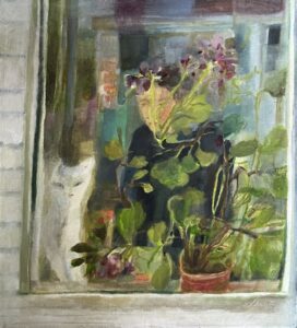 Elizabeth Endres, Window Sill Look Out (SOLD), 2023, Oil on canvas, 20 x 18 inches