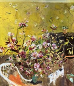 Elizabeth Endres, Yellow Room Rumination, and a Terrier (SOLD), 2023, Oil on canvas, 46 x 40 inches