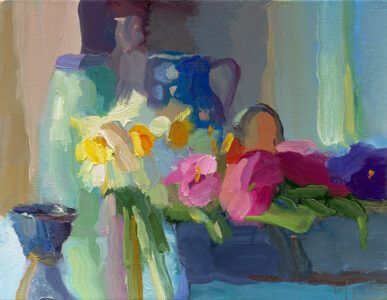 SOLD - Christine Lafuente, Daffodils, Pansies and Cup, Oil on linen, 11 x 14 inches