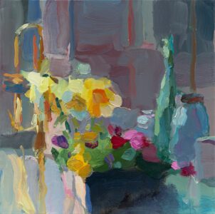 Christine Lafuente, Flat of Pansies with Trumpet and Daffodils, Oil on linen, 14 x 14 inches