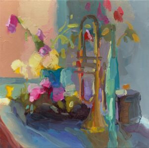 Christine Lafuente, Trumpet with Campanula, Daffodils and Pansies, 2023, Oil on linen, 20 x 20 inches