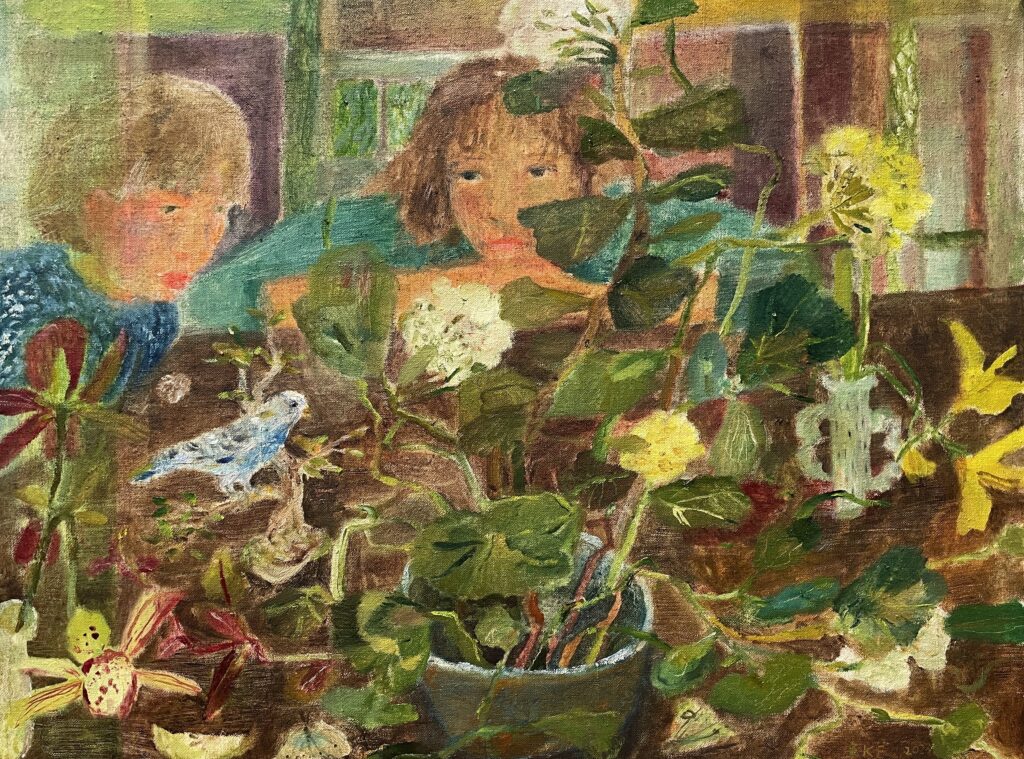 Elizabeth Endres, Boy, Bird, Watching (SOLD), 2023, Oil on canvas, 18 x 24 inches