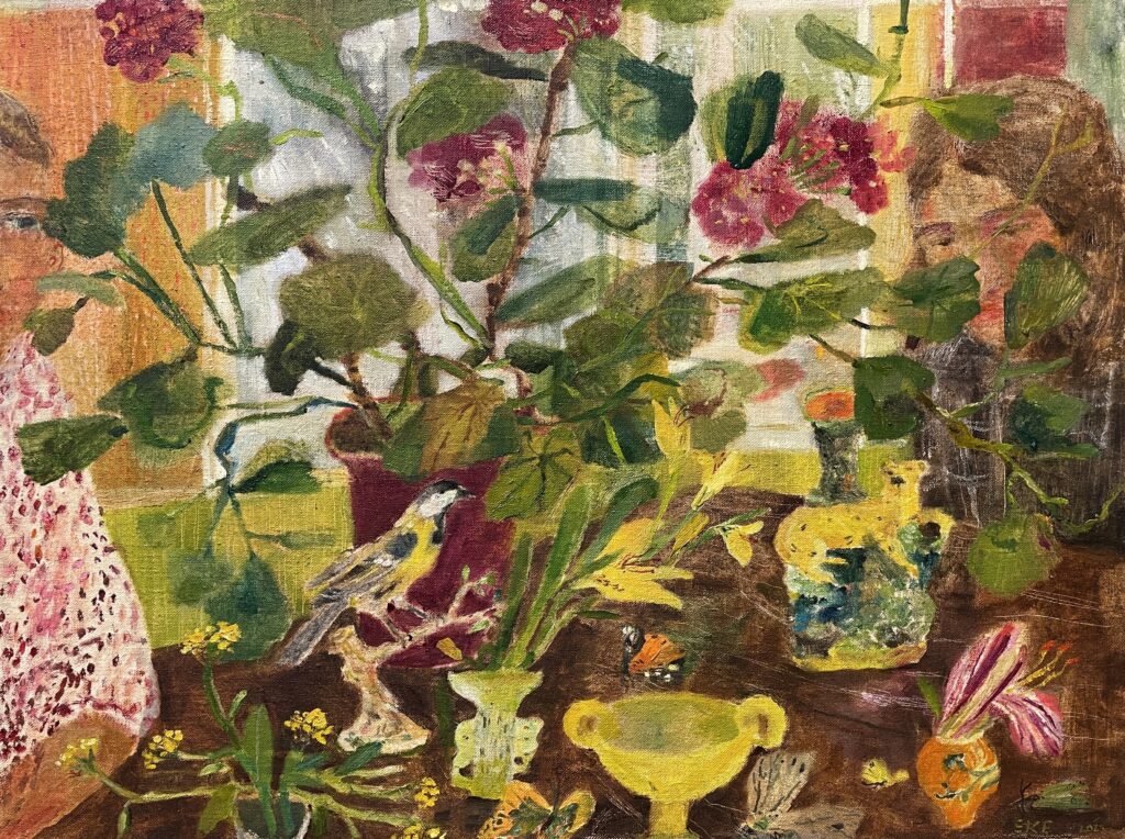Elizabeth Endres, Yellow Leopard, Bird Perch (SOLD), 2023, Oil on canvas, 18 x 24 inches