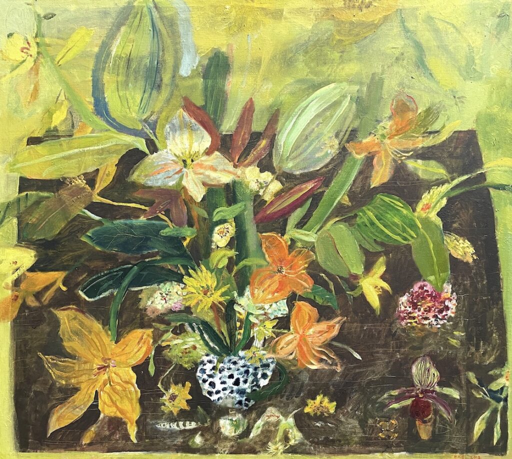 Elizabeth Endres, Orange Flowers and Yellow Greens (SOLD), 2023, Oil on canvas, 32 x 36 inches - SOLD -