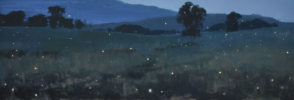 Michael Allen, Fireflies, 2023, oil on linen mounted to panel, 12.5 x 36 inches - SOLD -